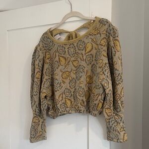 Free People Yellow and Gray Leaf Pattern Sweater